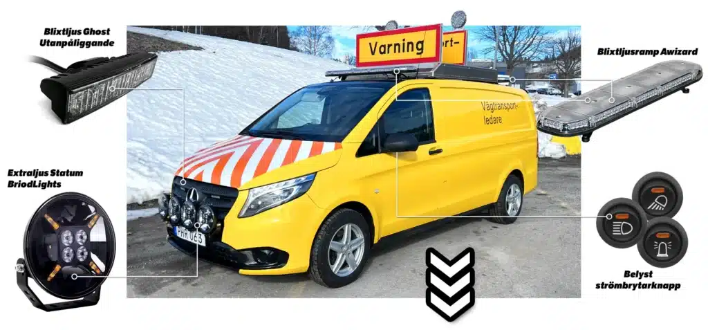 VTL-belysning på varningsbil med varningsljusramp, blixtljus, extraljus